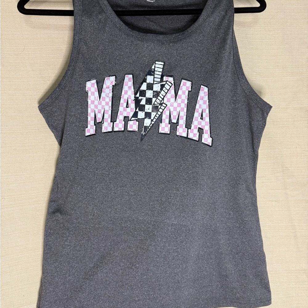 Gray Woman's Tank Top with Pink Checkered 'MAMA' Design